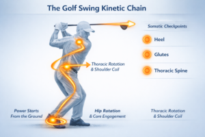 A diagram of the kinetic chain and somatic cues for senior golf swing power.