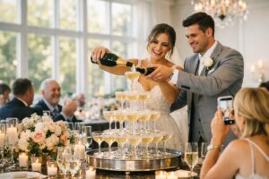 A chic, bright morning brunch wedding setting with a champagne tower