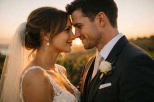 A happy couple enjoying a sunset portrait session, illustrating why this is the best wedding time for photos.