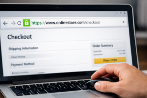 A person verifying website security, illustrating what factors should we verify when shopping online.