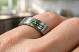 A high-end AI smart ring tracking vitals, showcasing the latest in AI health wearables 2026.
