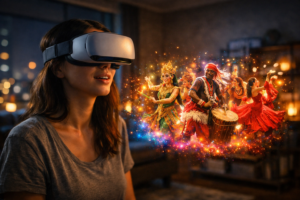 A fan using VR to experience a global celebration, illustrating how technology changes why do people celebrate festivals differently around the world.