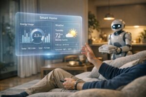 A modern home environment showing how technology is changing daily life through AI assistants and domestic robotics.
