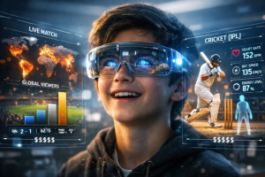 A futuristic visualization of a sports fan in 2030 using holographic goggles to watch both football and cricket, representing the digital future of sports.which is more popular: cricket or football