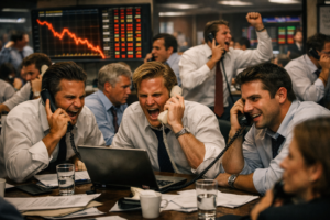 A high-energy office environment with young brokers aggressively talking on phones, representing the high-pressure sales culture of a boiler room brokerage.