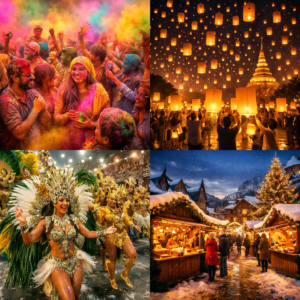 A diverse montage of global celebrations explaining why do people celebrate festivals differently around the world through color and tradition. why do people celebrate festivals differently around the world
