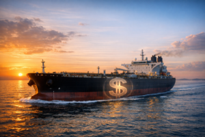 A large oil tanker at sea, representing the petrodollar system, with a US dollar symbol subtly integrated into the design.