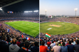 A visual side-by-side comparison of a packed football stadium in Europe and a packed cricket stadium in India, illustrating which is more popular: cricket or football in 2026.
