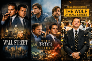 A high-quality collage featuring movie posters for Wall Street, The Big Short, and The Wolf of Wall Street, representing the best stock market movies that reveal real truths.