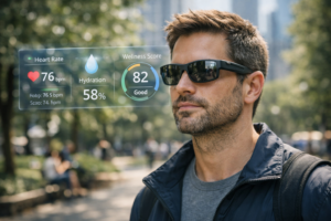 Smart glasses displaying health data, illustrating how technology is changing daily life through preventative wellness.
