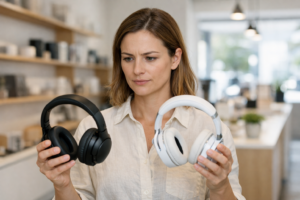 A consumer evaluating products in a store, illustrating how to know if a product is worth buying.