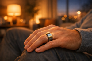 An AI wearable detecting a mental state and adjusting the environment for stress relief, illustrating modern mental health diagnostics.