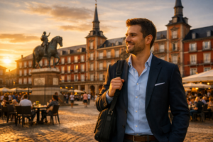 A person walking through a historic European plaza, looking relaxed and happy