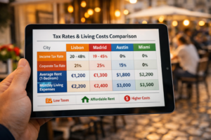 A 2026 Remote Work Tax & Residency Audit comparison table being reviewed by an expat.