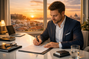 A professional completing their residency paperwork to comply with a 2026 Remote Work Tax & Residency Audit.