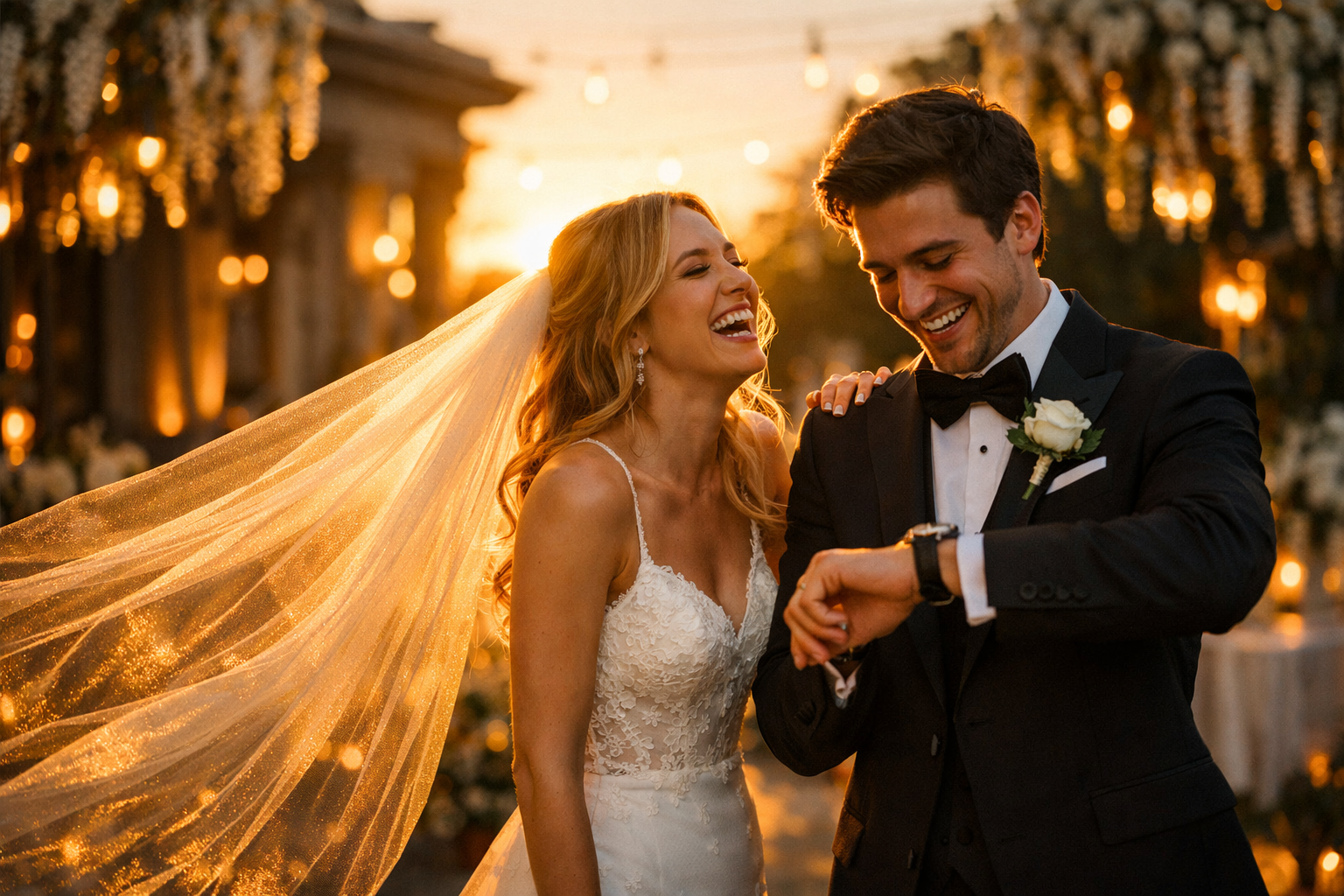 A realistic, cinematic photo of a couple at sunset, capturing the best wedding time for lighting and guest experience in 2026.