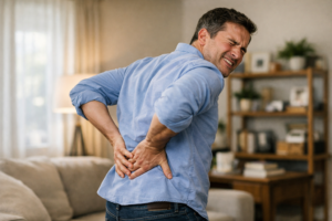 A person experiencing back pain due to a lack of physical activity.