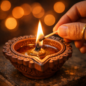 A close-up of a traditional oil lamp lighting, showing how spiritual symbols answer why do people celebrate festivals differently around the world.