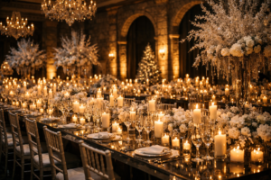 A candlelit reception hall illustrating the best wedding time for indoor winter glamour.
