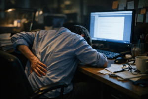 A person showing the physical effects of sitting too long, illustrating what happens if you don’t exercise at all.