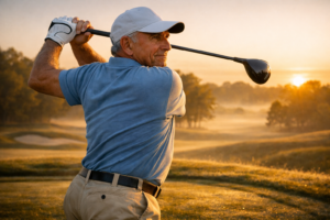 A senior golfer demonstrating proper alignment and somatic cues for senior golf swing longevity.