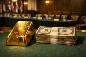 A symbolic historical image representing the link established at Bretton Woods, showing a physical gold bar placed next to a stack of vintage US dollar bills.