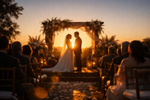 An outdoor ceremony at the best wedding time for natural lighting and romantic photography.