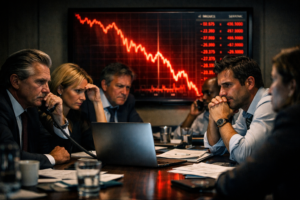 A dramatic cinematic shot of professional traders in a dimly lit boardroom, staring at a large screen showing a sharp decline in stock market prices.