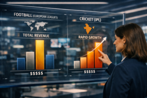 which is more popular: cricket or football An infographic chart inside a newsroom comparing the global financial growth and media rights value of the Indian Premier League and European football leagues in 2026.