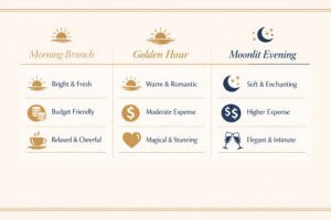 An infographic comparing different start times to help couples choose the best wedding time for their budget and style.