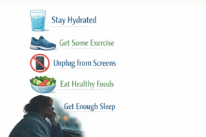 An infographic with tips on how to stop feeling tired even after resting all day.