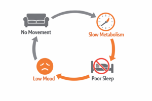 An infographic showing how a lack of exercise creates a negative cycle for health.