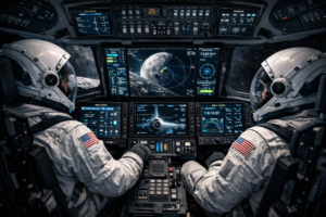 Realistic interior view of the Orion capsule showing astronauts in blue suits interacting with high-tech touchscreen control panels and digital flight displays.