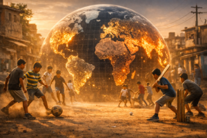 which is more popular: cricket or football ? Children playing street football and cricket in a sunset setting, representing the global grassroots popularity of both sports. 