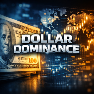 high-contrast professional graphic showing a close-up of a US hundred-dollar bill against a blurred digital stock market background, titled Dollar Dominance.