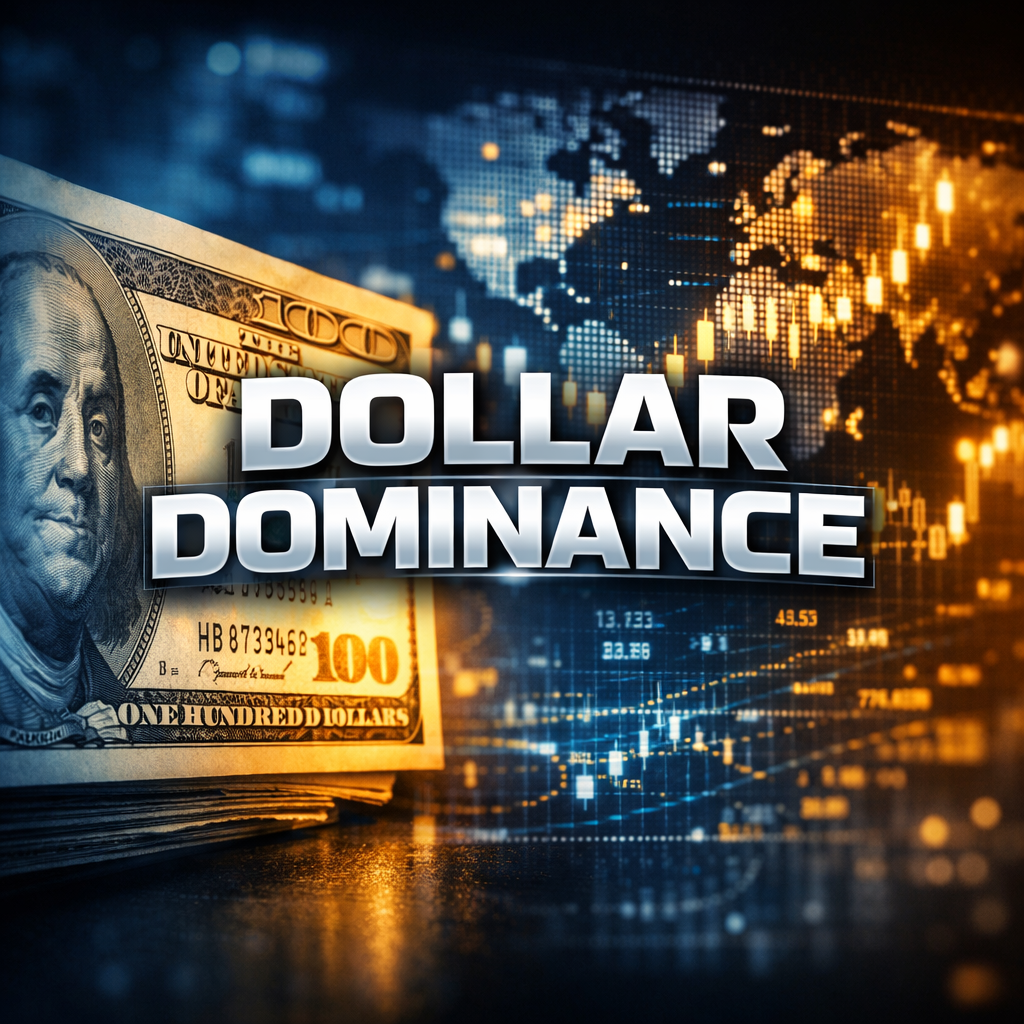high-contrast professional graphic showing a close-up of a US hundred-dollar bill against a blurred digital stock market background, titled Dollar Dominance.