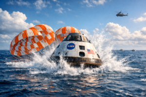 Dramatic photograph of the Orion spacecraft floating in the ocean with three large orange and white parachutes draped over the water nearby.
