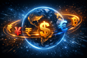 A modern digital globe with multiple currency symbols like the Yuan and Bitcoin orbiting it, visualizing the potential future competition against the dominant US dollar.