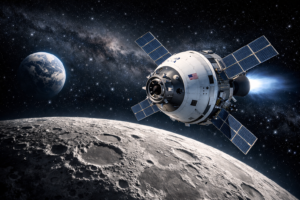 Digital illustration of the Orion spacecraft with its solar wings extended, orbiting a highly detailed lunar surface under a black star-filled sky.