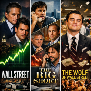 ​A dramatic split-screen image representing the best stock market movies that reveal real truths, showing the contrast between a wealthy trader celebrating success and a panicked investor facing a stock market crash.