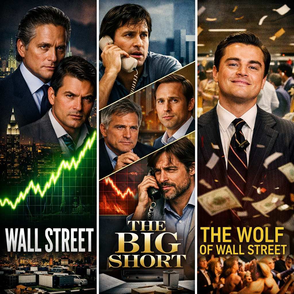 ​A dramatic split-screen image representing the best stock market movies that reveal real truths, showing the contrast between a wealthy trader celebrating success and a panicked investor facing a stock market crash.