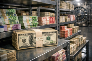 An interior view of a central bank vault with different currencies, where the US dollar occupies the largest section, representing its status as the dominant reserve currency.