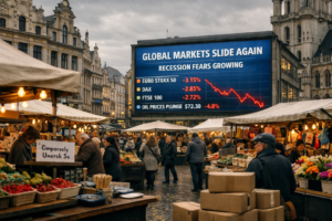 A European city market scene representing the real economic impact of the global trade war on everyday European citizens.