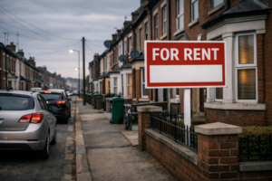 A "For Rent" sign outside a modest home on a residential street, representing the housing costs driving the cost of living crisis.