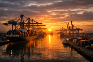 A busy international shipping port representing the global trade flows disrupted by the 2025–2026 trade war.