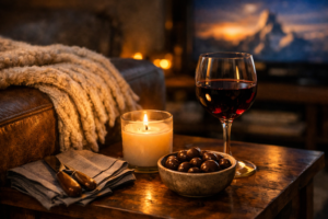A carefully set movie night side table with a candle, wine, and chocolate representing the small details that make a home movie night perfect.