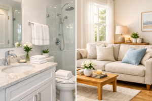 A clean bathroom and tidy living room representing a fast, efficient room-by-room house cleaning approach.