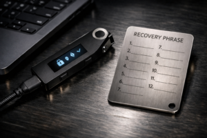 Hardware wallet and titanium backup card used for securing digital assets.