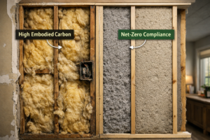A side-by-side comparison of 1950s insulation versus 2026 net-zero compliant materials.