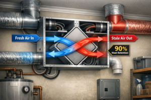 A diagram of an HRV system, a key mechanical component for 2026 net-zero compliant homes.
